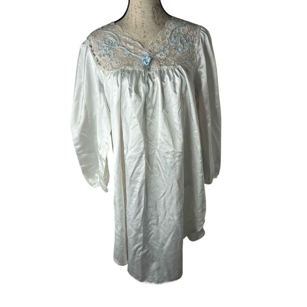 Vintage Ilise‎ Stevens Nightgown Women's Large White Lace Satin Cottage Core